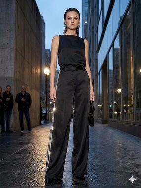 7 For All Mankind Black Satin Wide Leg Pants with Silver Beading, Size 6 Formal